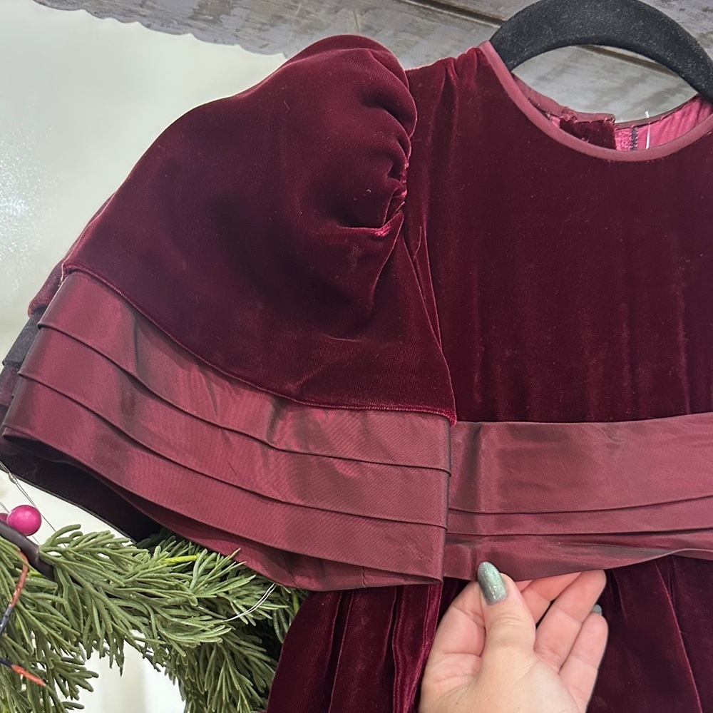 Silk Velvet and silk Organza Burgundy Holiday Dress with Puff Sleeves - Picture 3 of 6